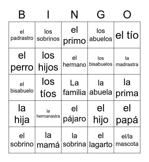 La familia Unidad 3.2 Bingo Card