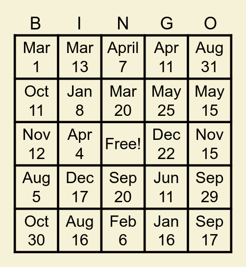 Aralu Birthdays Bingo Card