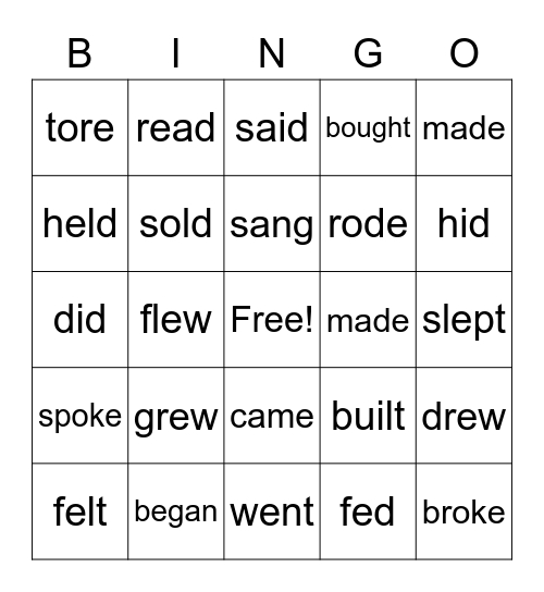 Irregular Verbs Bingo Card