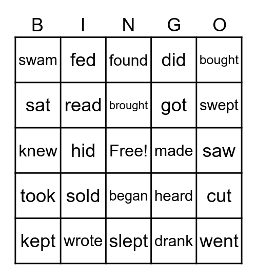 Irregular Verbs Bingo Card