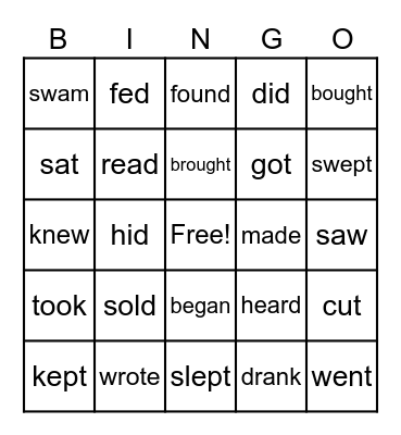 Irregular Verbs Bingo Card