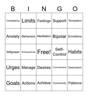 Self-Control & Symptom Management Bingo Card