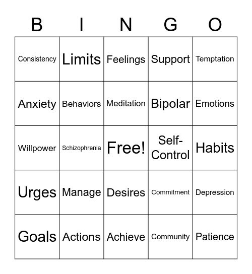 Self-Control & Symptom Management Bingo Card