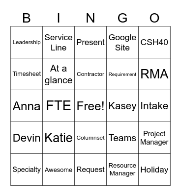 PRM Planview Workshop Bingo Card