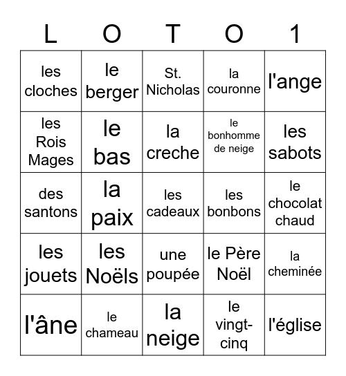 Vocabulaire de Noël Bingo Card