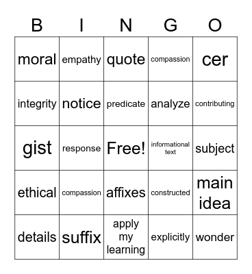 ELA Bingo Card