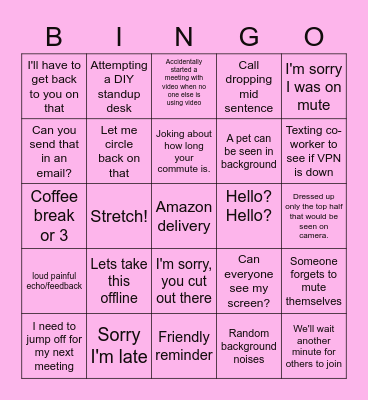 Working From Home 2021 Bingo Card