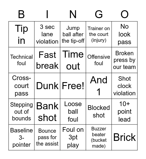 Basketball Bingo Card