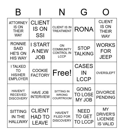 DUTIES BINGO Card