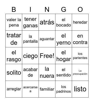 Unidad 4-vocabulario Bingo Card