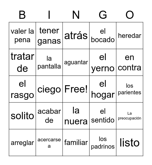 Unidad 4-vocabulario Bingo Card