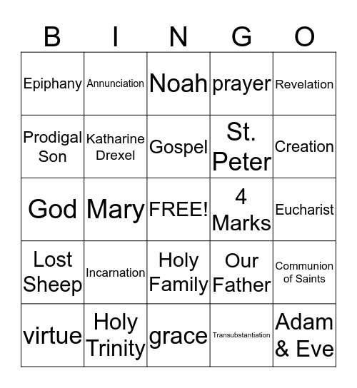 Third Grade Religion Study Guide Bingo Card
