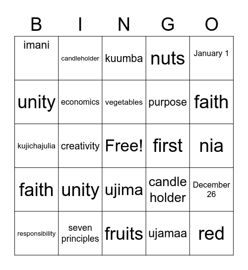 WVOP Kwanzaa Bingo Card