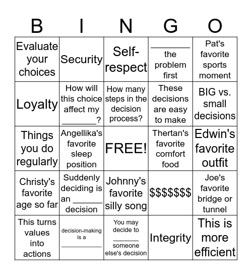 Decision-making Bingo Card