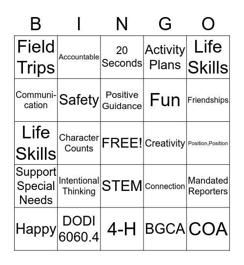 Youth Center Bingo Card