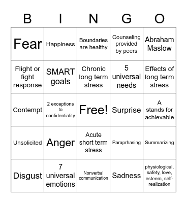 Peer Counseling Semester Review Bingo Card