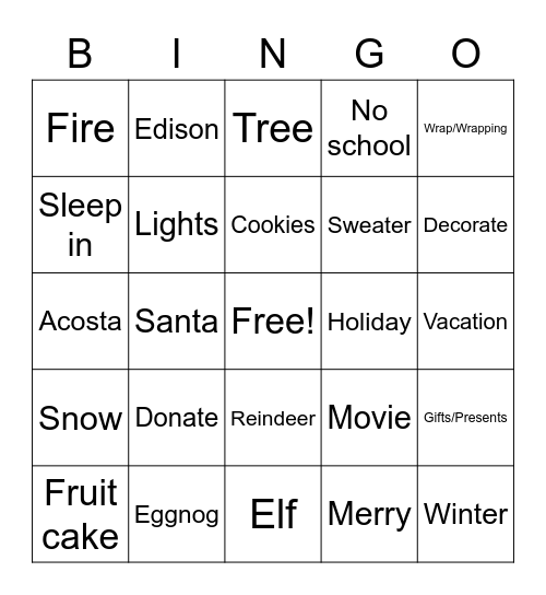 Acosta's Holiday Bingo Card