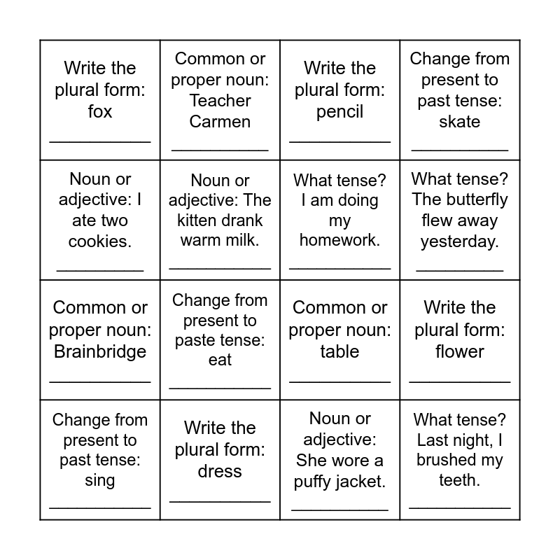 Level 2 English Review Bingo Card