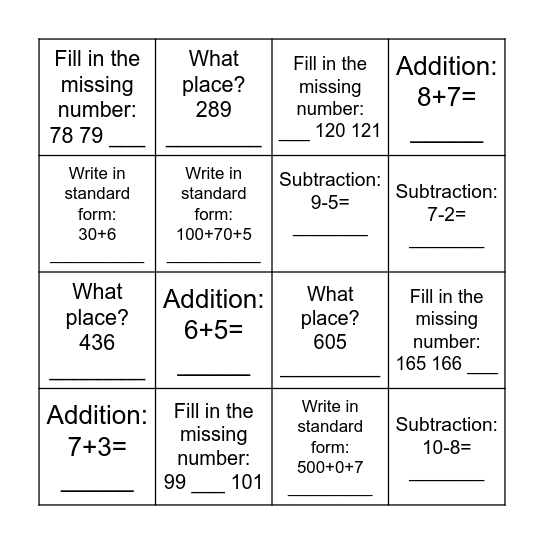 Level 2 Math Review Bingo Card