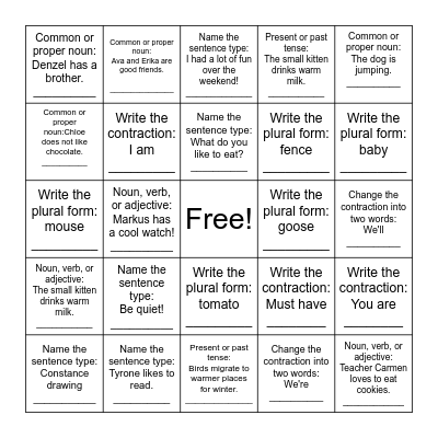 Level 4 English Review Bingo Card