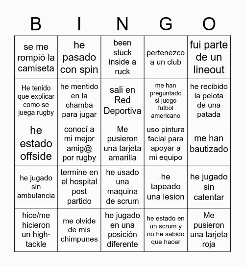 Rugby Bingo Card