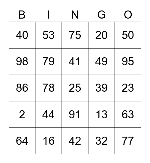 NUMBER BINGO Card