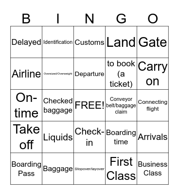 Airport Travel Vocabulary Bingo Card