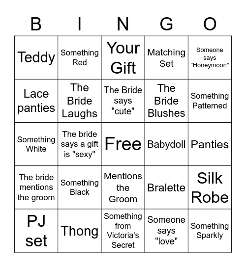 Lingerie Bingo Card