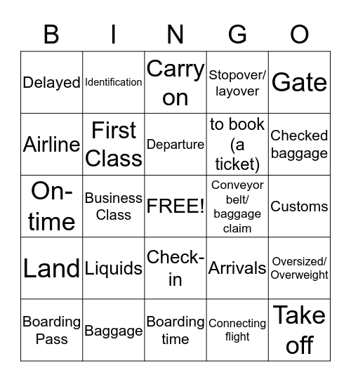 Airport Travel Vocabulary Bingo Card