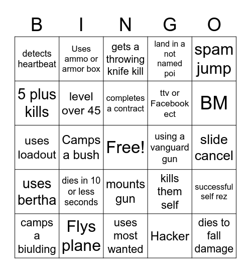 warzone bingo Card