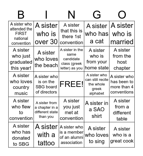 Sisters by Grace Foundation Bingo Card