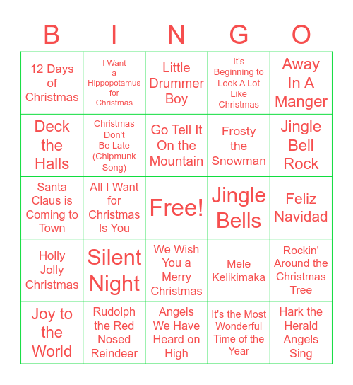 Christmas Carol Bingo Card
