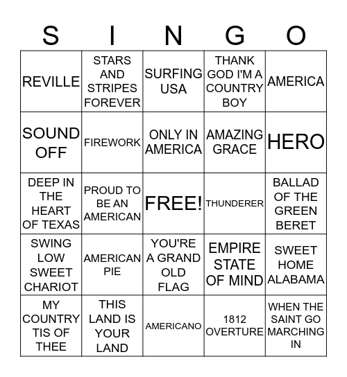 PATRIOTIC SINGO Bingo Card