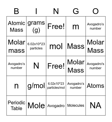 Quantities Bingo Card