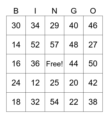 Number Bingo Card