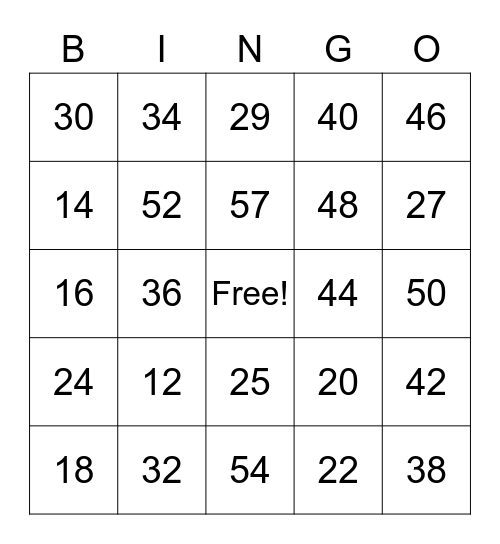 Number Bingo Card
