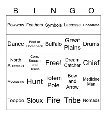 Native American Bingo  Bingo Card