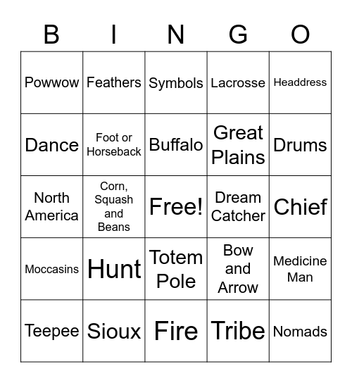 Native American Bingo  Bingo Card