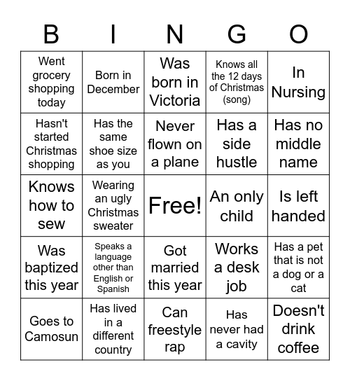 Connection Christmas Bingo Card