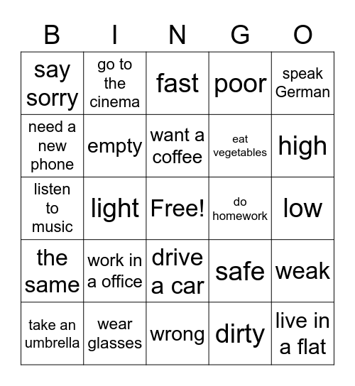 Verb phrases and Adjectives unit 2 Bingo Card