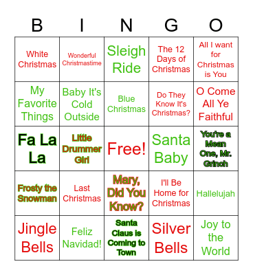 Christmas Songs Bingo Card