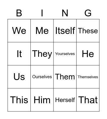 Subject, Object, Reflexive Pronouns Bingo Card