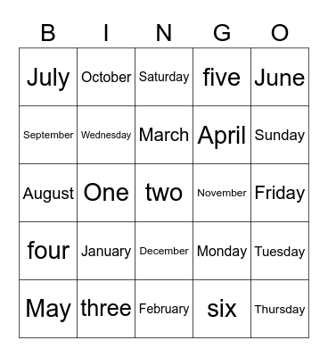 Days, Months and numbers Bingo Card