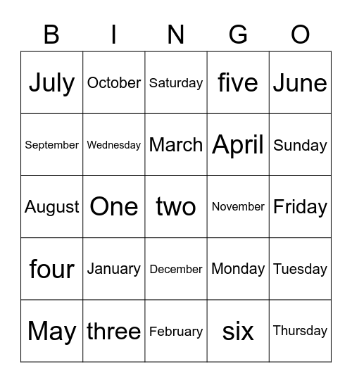 Days, Months and numbers Bingo Card