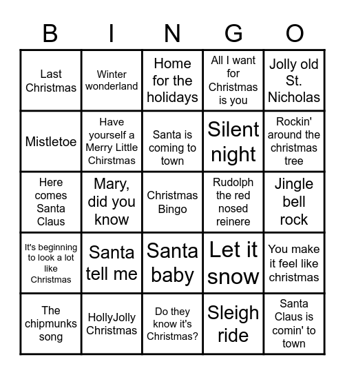 Christmas song bingo Card