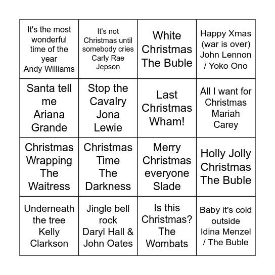Christmas Song bingo Card