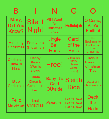 Winter Song Bingo Card