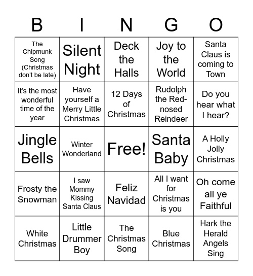 Christmas Songs Bingo Card