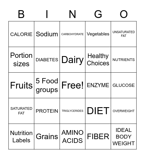 Nutrition Bingo! Bingo Card