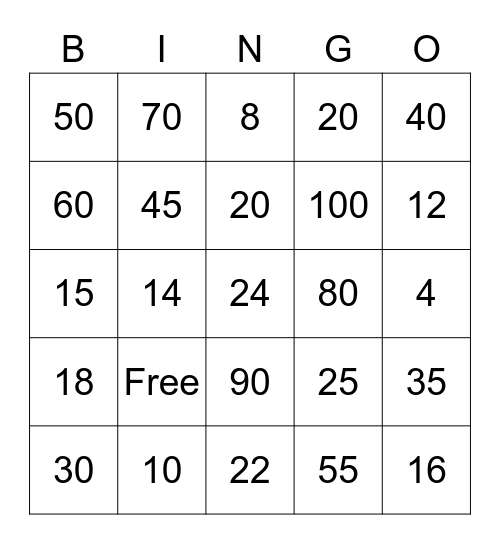 Multiplication Bingo (2, 5, 10 Factors) Bingo Card